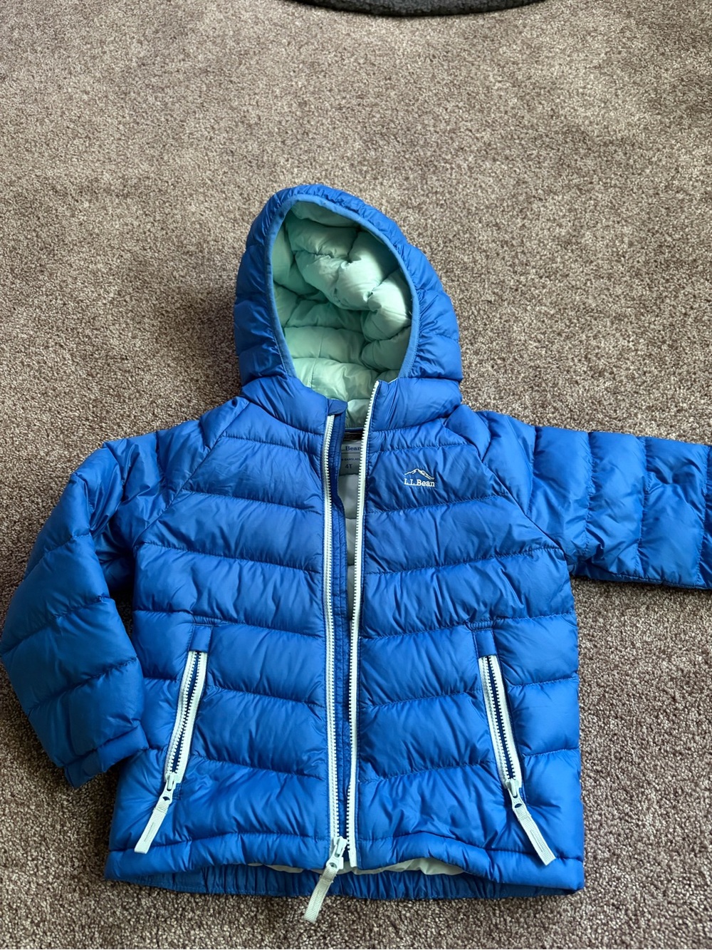 L.L. Bean Bright Blue Hooded Kids Puffer Jacket with Light Green Lining